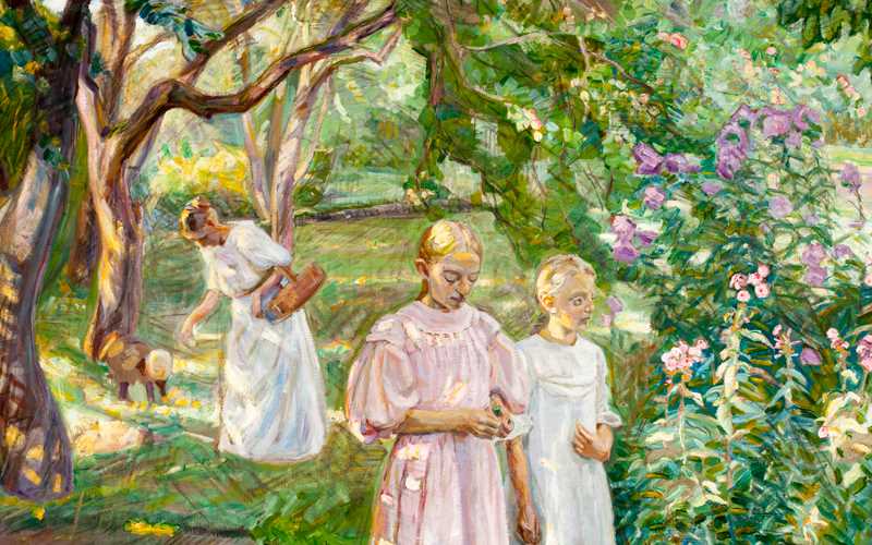 Målning från tidigt 1900-tal med barn och en kvinna med korg i en trädgård.