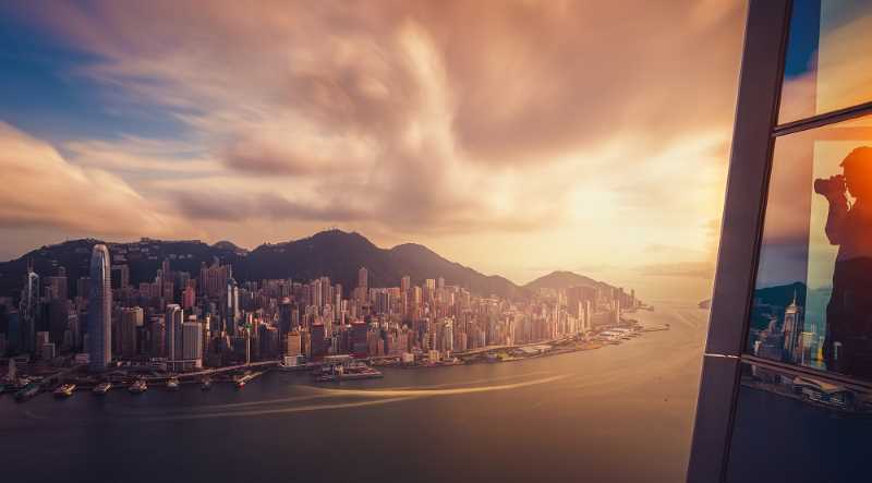 Vy över skyskrapor i Hongkong, Kina